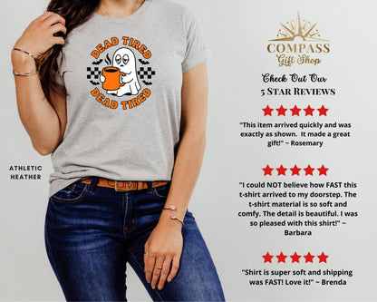 Grey t-shirt with a ghost holding coffee and "Dead Tired" text.