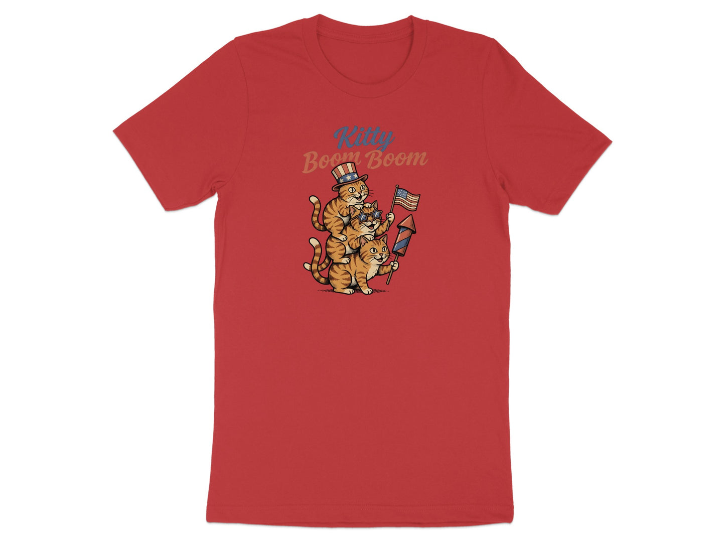 Two cartoon cats in hats holding a firework and American flag.