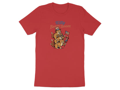 Two cartoon cats in hats holding a firework and American flag.