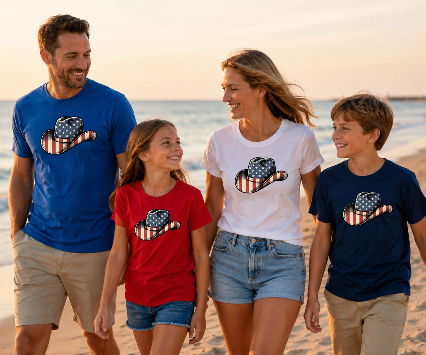 Family on beach wearing patriotic cowboy hats t-shirts.