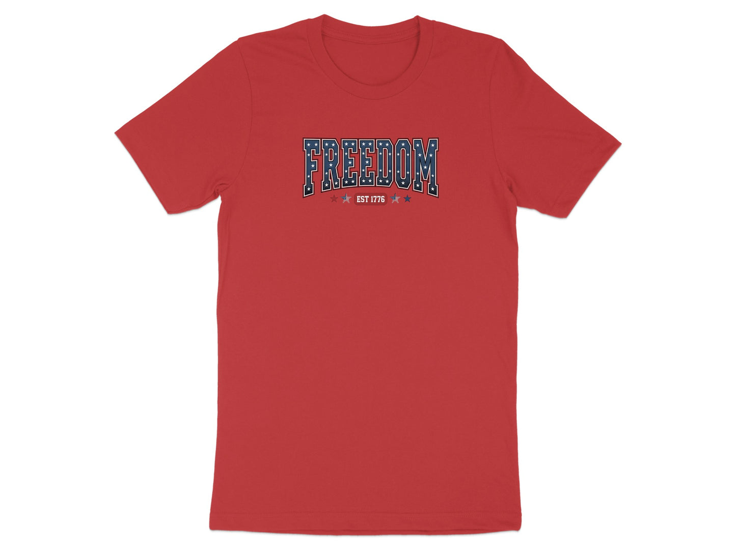 Red t-shirt with "FREEDOM" in distressed stars and stripes and "EST 1776" below.