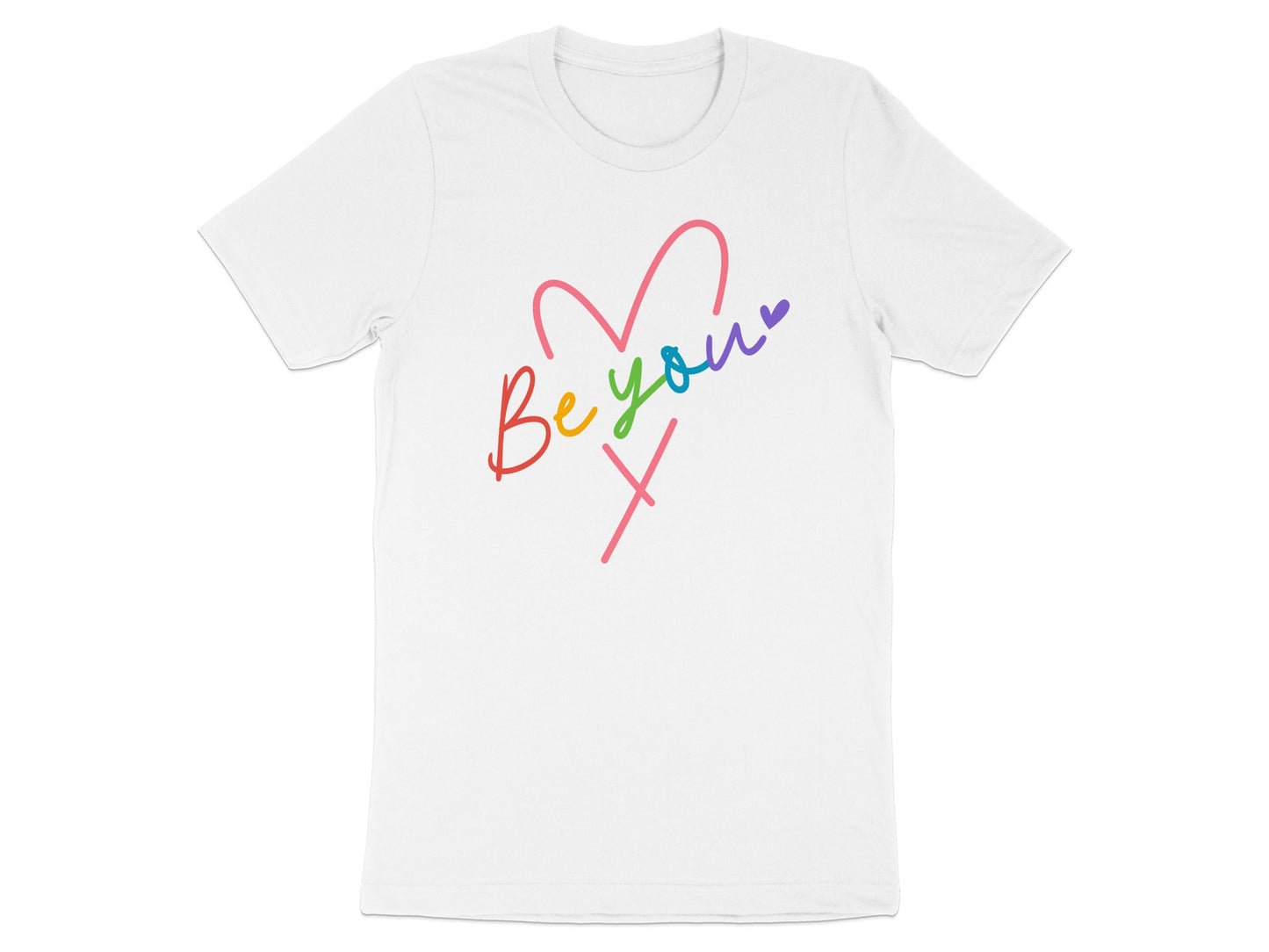 White t-shirt with a rainbow heart and "Be you" text.