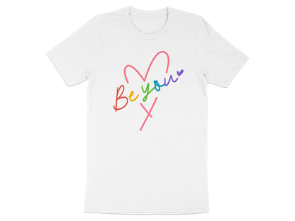 White t-shirt with a rainbow heart and "Be you" text.