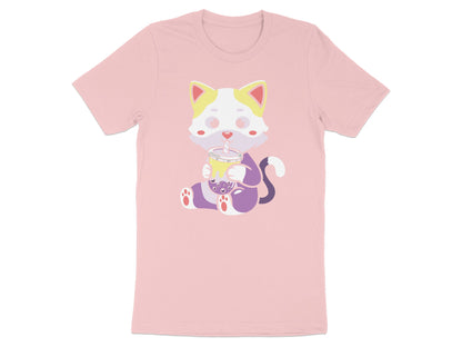 Pink t-shirt with a cartoon cat holding a cup of bubble tea.