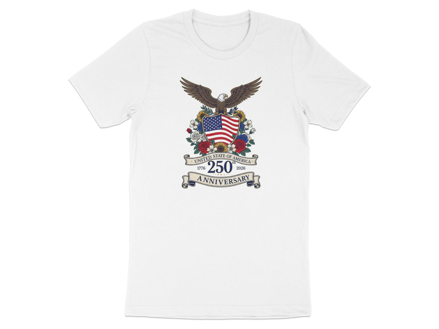 White t-shirt with American eagle, flag, and 250th Anniversary text.