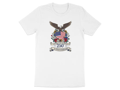 White t-shirt with American eagle, flag, and 250th Anniversary text.