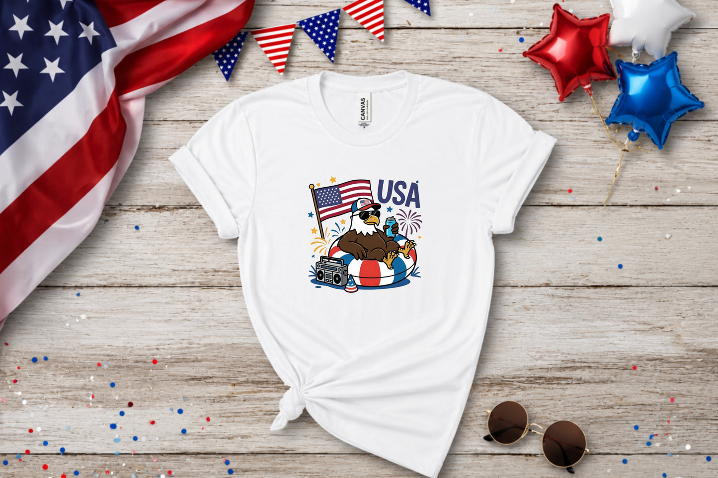 White t-shirt with eagle in swim ring, American flag, and boombox graphic.