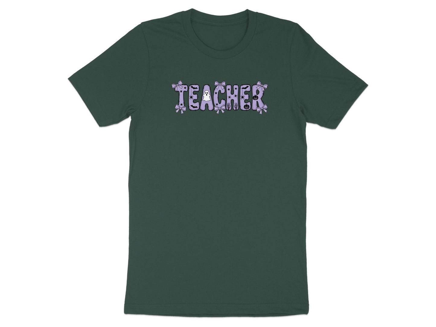 Dark green t-shirt with "TEACHER" text decorated with ghosts, spiders, and bows.