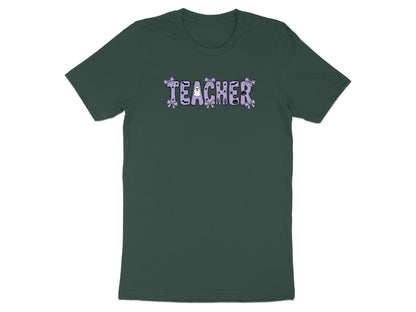 Dark green t-shirt with "TEACHER" text decorated with ghosts, spiders, and bows.