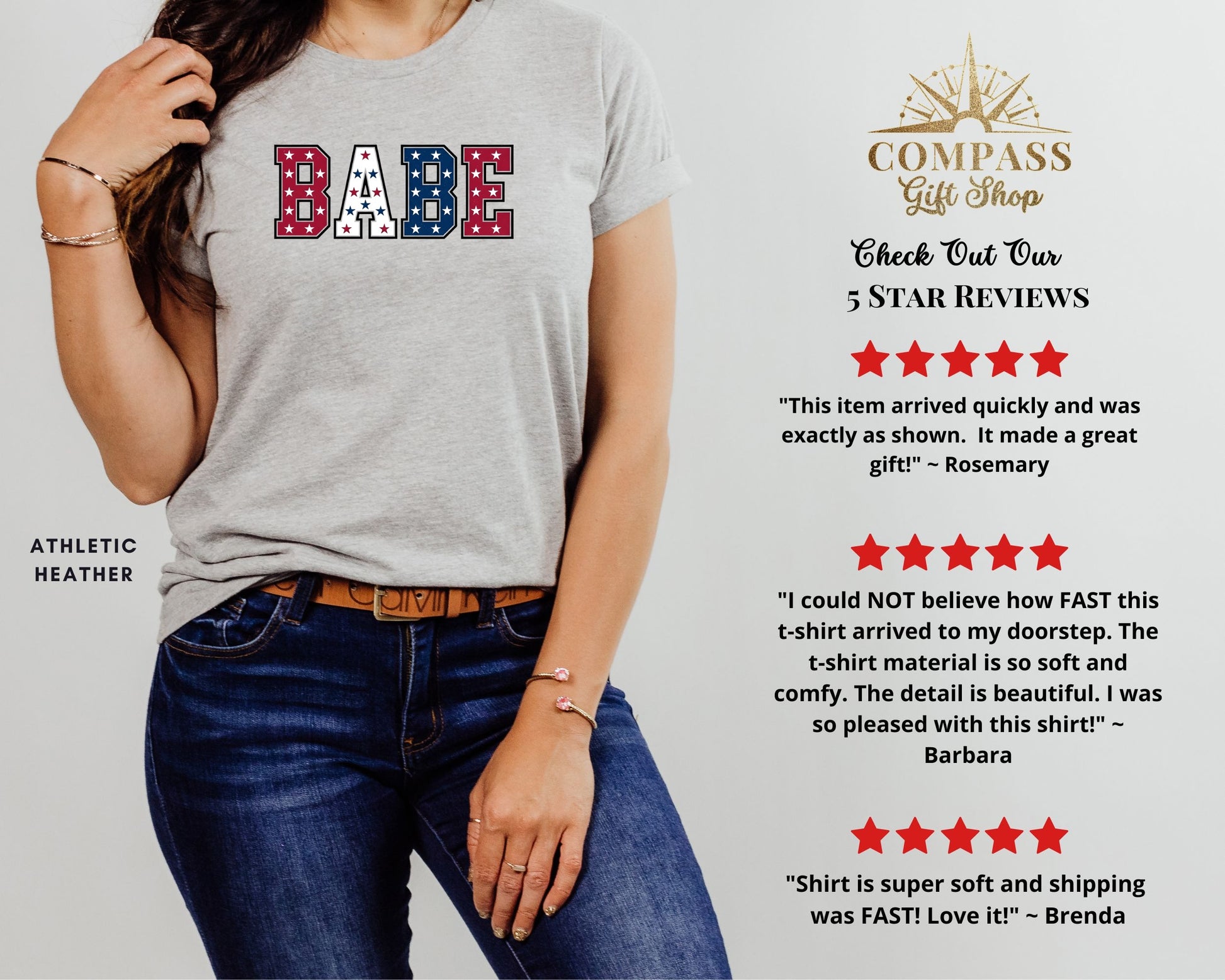 Gray t-shirt with "BABE" in red, white, and blue stars.