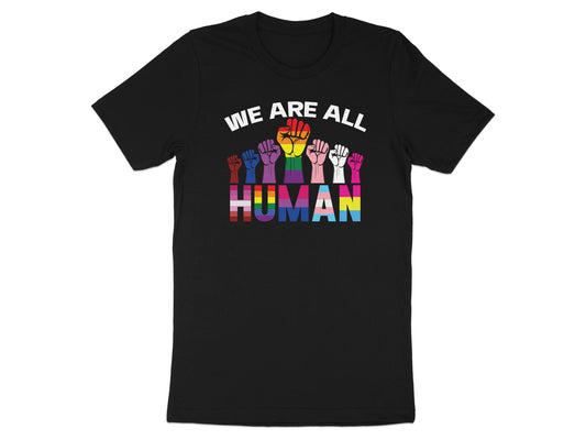 Black t-shirt with rainbow flag hands forming "WE ARE ALL HUMAN".
