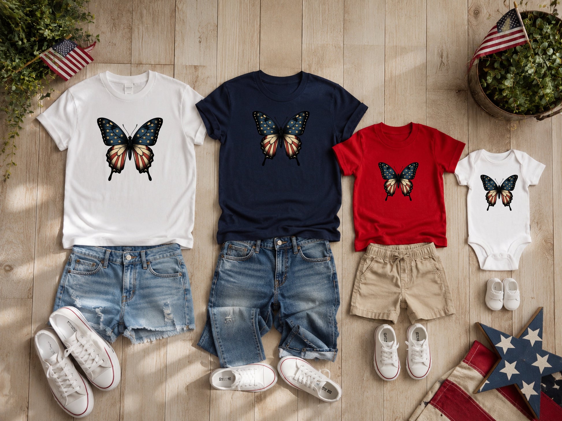 Family matching shirts and shorts with butterfly and star American flag designs.