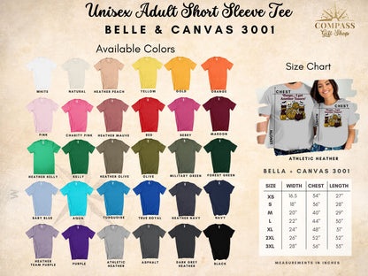 Unisex Adult Short Sleeve Tee in various colors, with size chart and graphic of skeletons knitting.