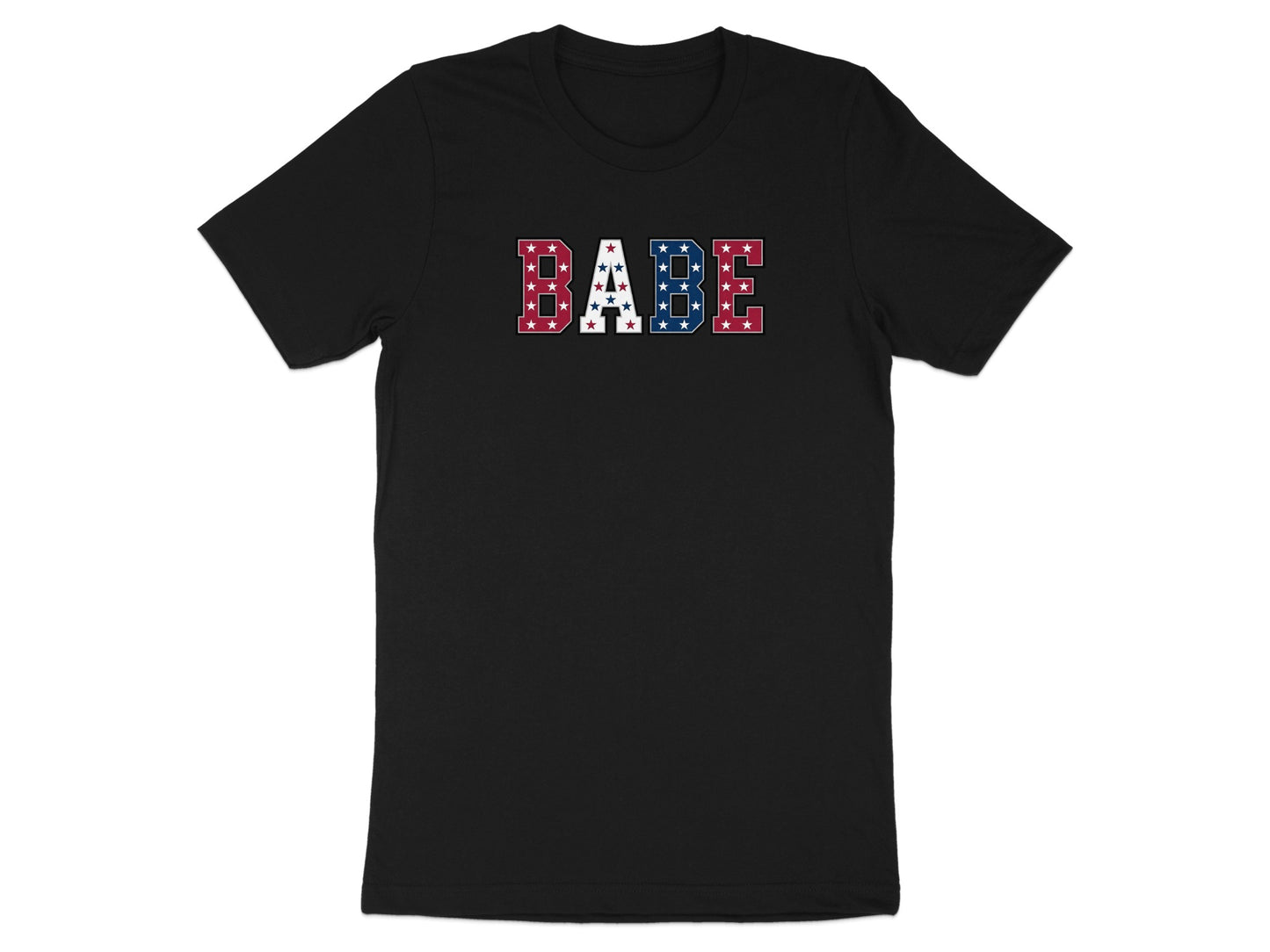 Black t-shirt with "BABE" in red, white, and blue stars.