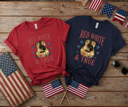 Red and navy shirts with guitar, stars, and "Red White & True" text.