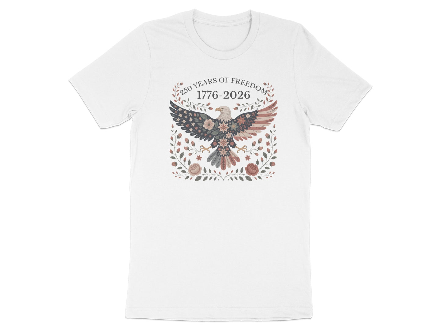 White t-shirt with patriotic eagle and floral wreath design.