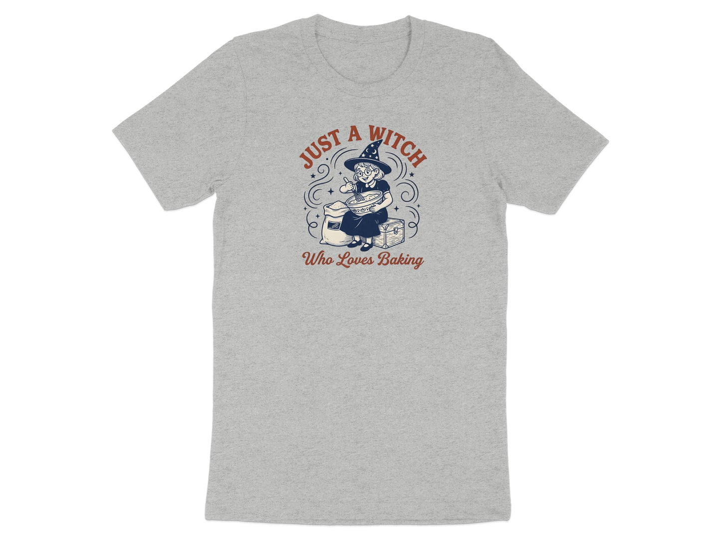 T-shirt graphic with text "Just a Witch Who Loves Baking" and a witch mixing ingredients.