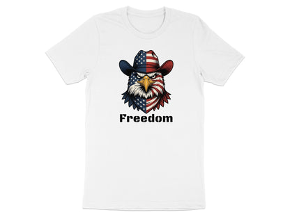 Eagle wearing a cowboy hat adorned with the American flag, text reads "Freedom".