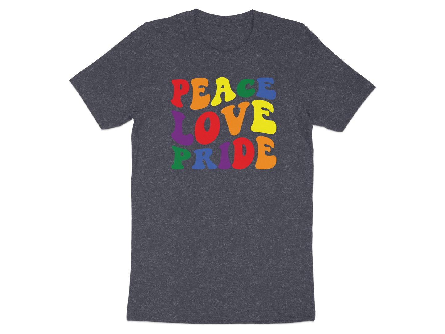 Rainbow text reading "Peace Love Pride" on a dark gray t-shirt.