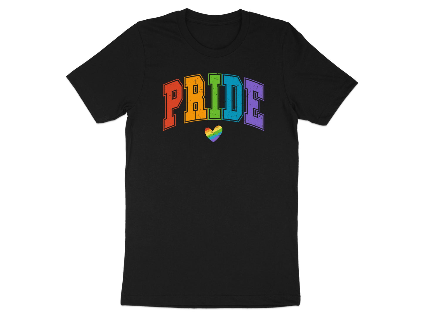 Black t-shirt with "PRIDE" in rainbow colors and a small rainbow heart.