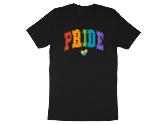 Black t-shirt with "PRIDE" in rainbow colors and a small rainbow heart.