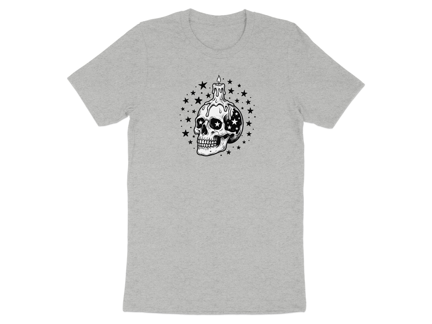 Skull with a dripping candle on top, surrounded by stars.