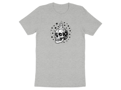 Skull with a dripping candle on top, surrounded by stars.