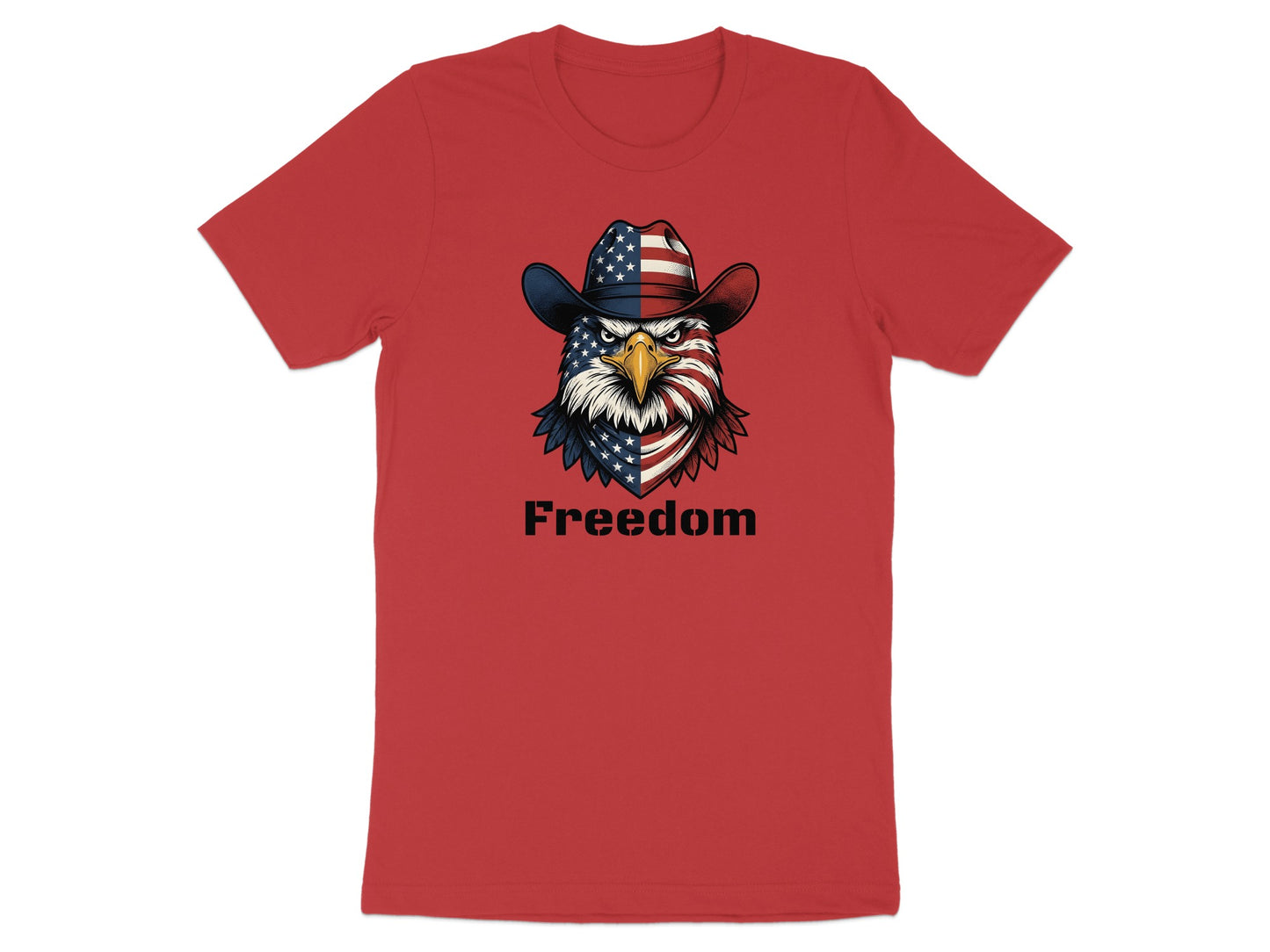 Red t-shirt with eagle wearing American flag cowboy hat and "Freedom" text.