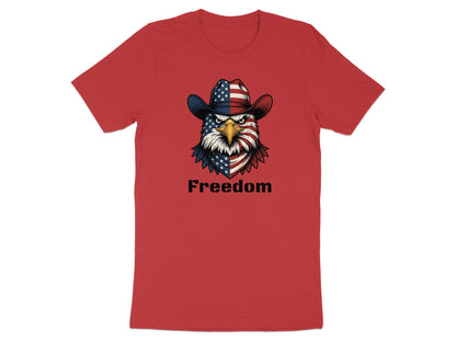 Red t-shirt with eagle wearing American flag cowboy hat and "Freedom" text.