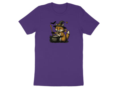 Fox in witch hat stirring cauldron with a bat and leaf nearby