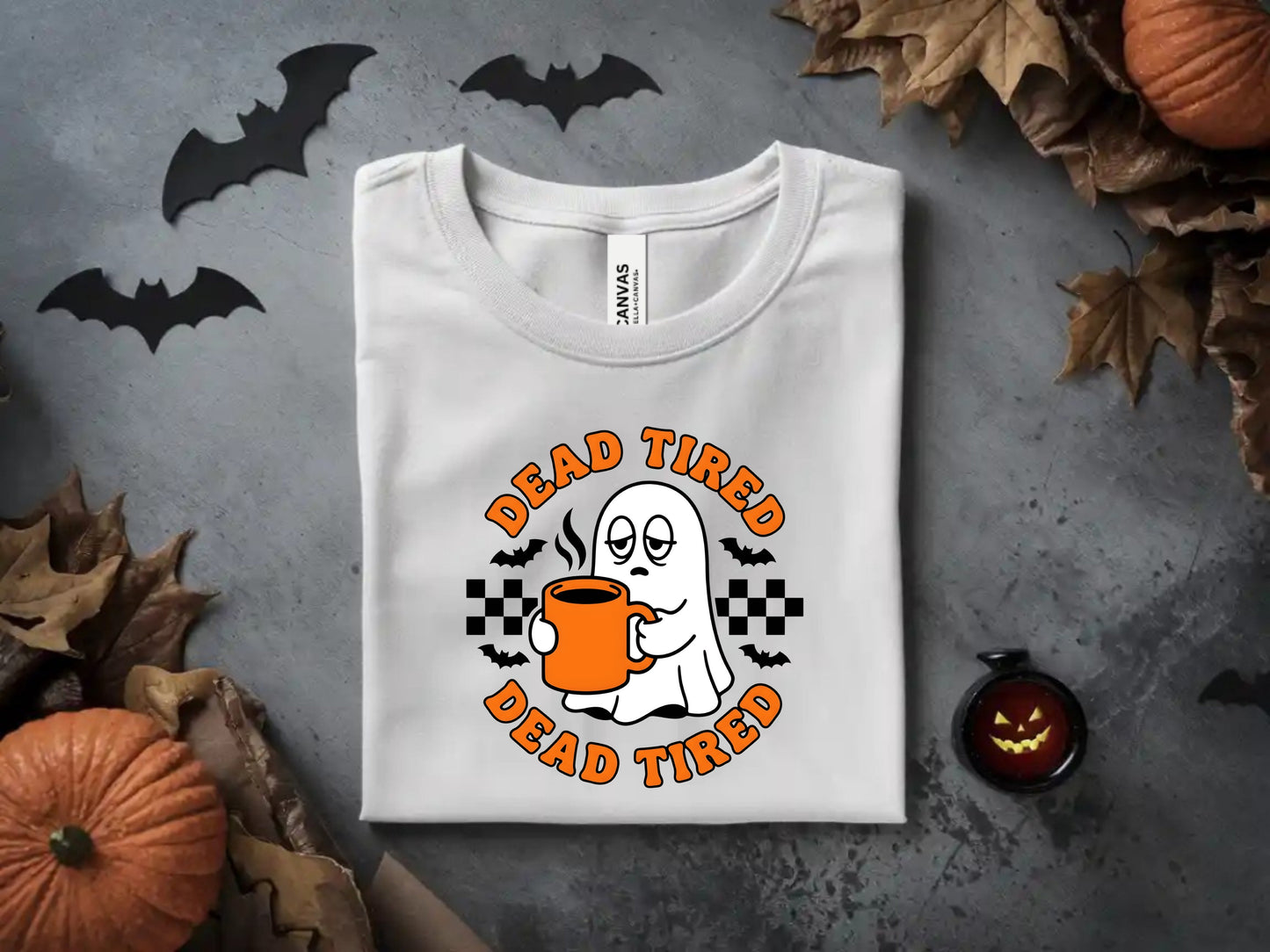 White t-shirt with ghost holding coffee and "Dead Tired" text.