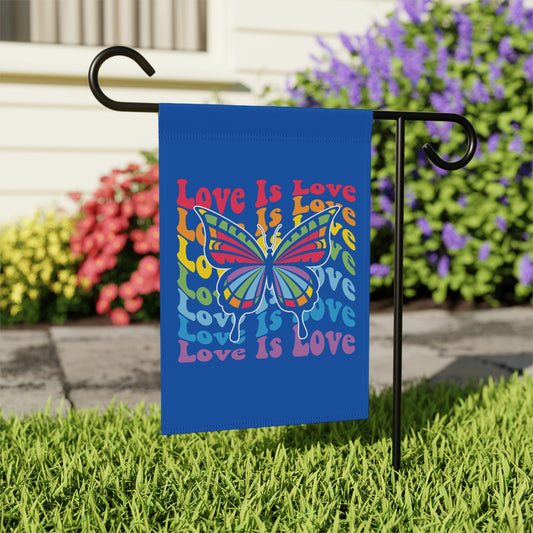 Blue garden flag with rainbow butterfly and "Love Is Love" text.
