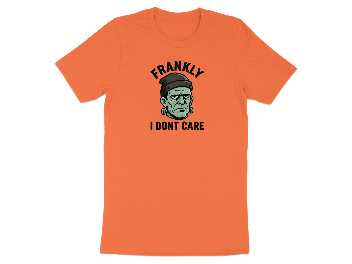 Orange t-shirt with Frankenstein's monster graphic "Frankly I Dont Care"