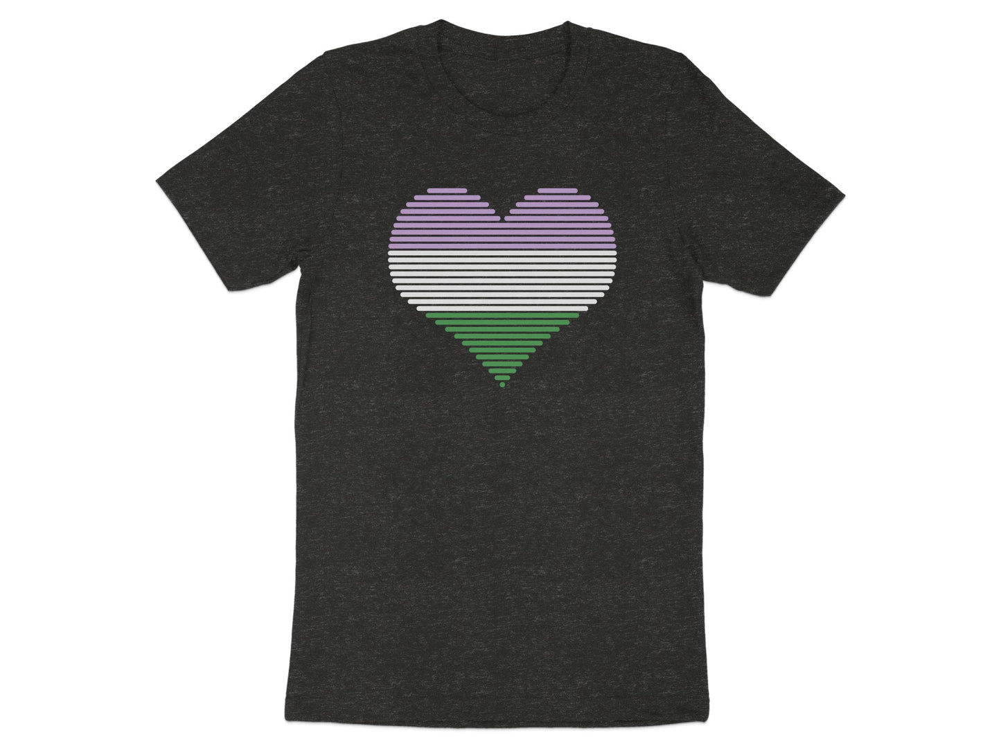 Dark grey t-shirt with a horizontal striped heart in lavender, white, and green.