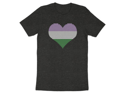 Dark grey t-shirt with a horizontal striped heart in lavender, white, and green.