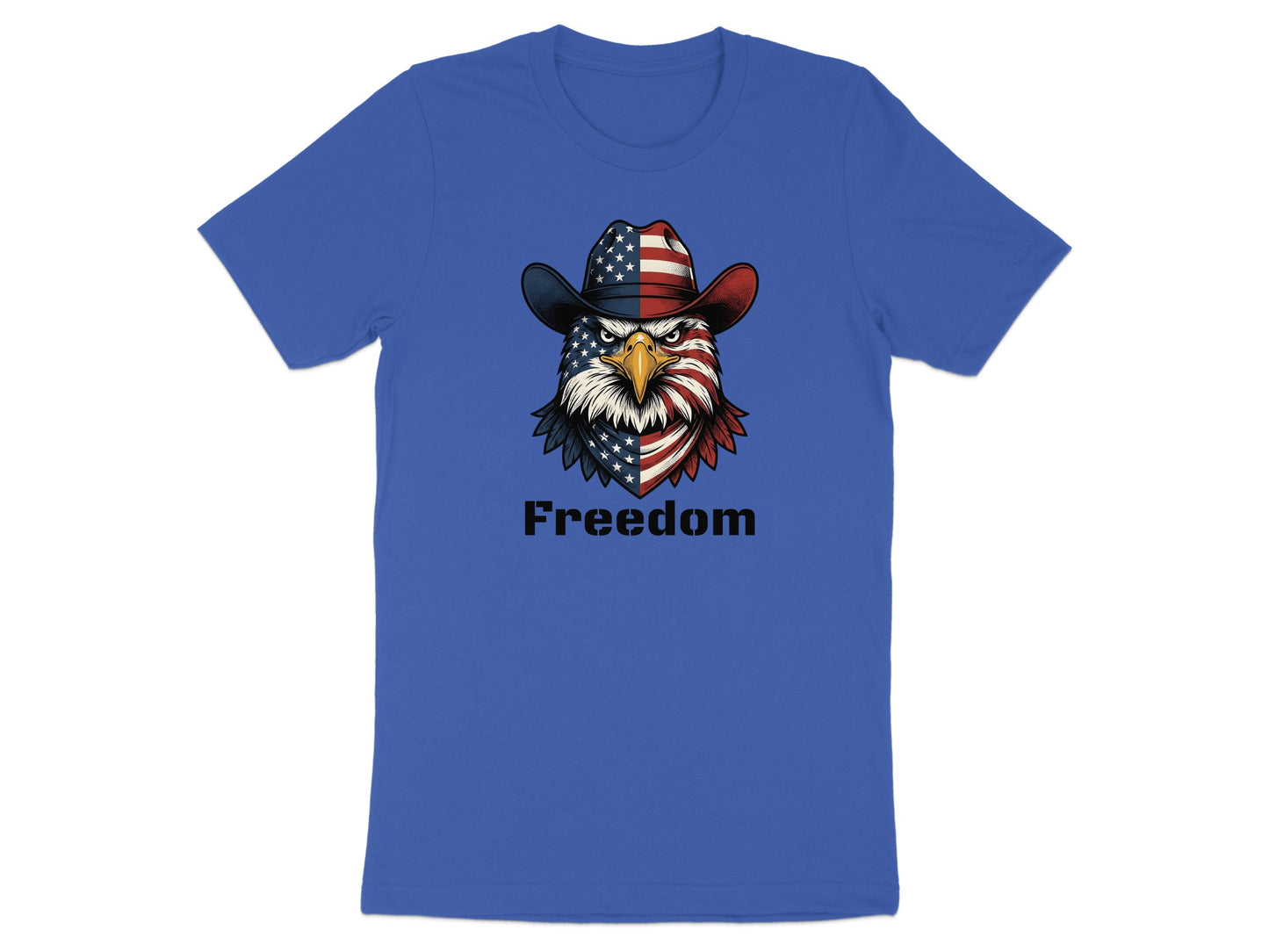 Eagle in American flag cowboy hat with "Freedom" text.