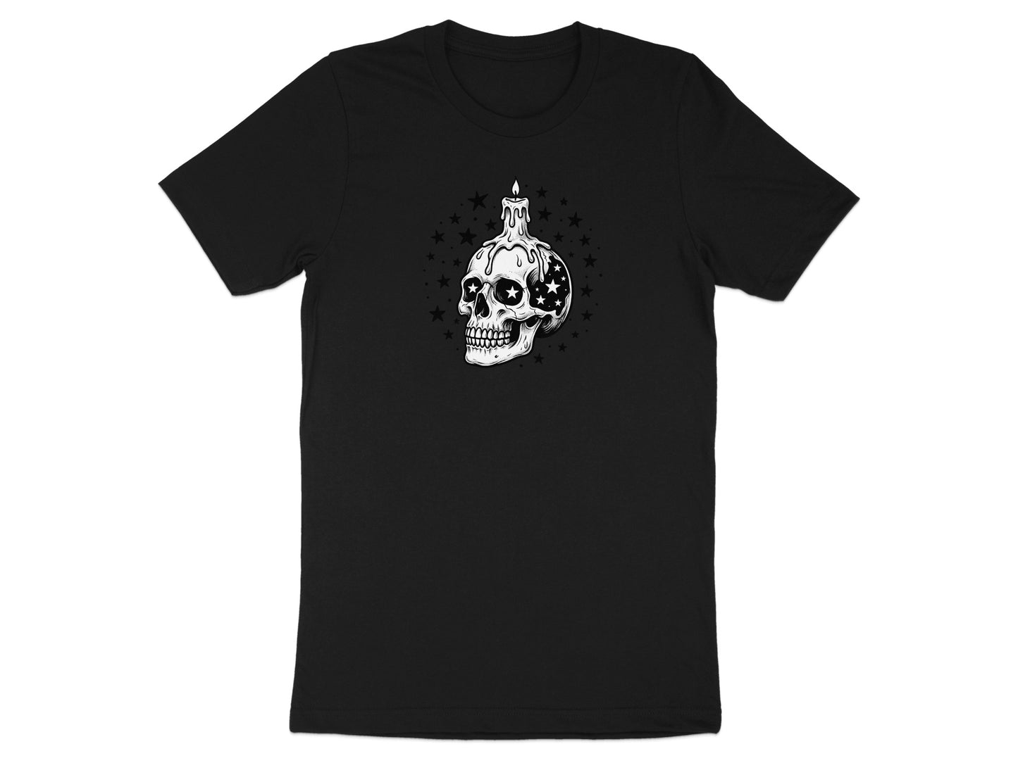 Black t-shirt with a skull, candle, and star graphic on the front.