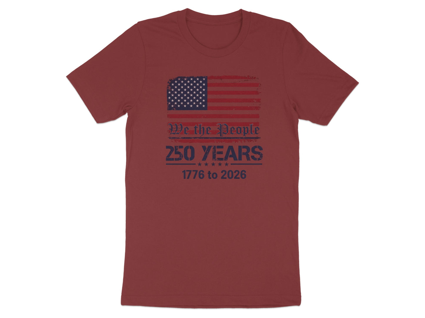 Burgundy t-shirt with distressed American flag and "We the People 250 Years 1776 to 2026" text.