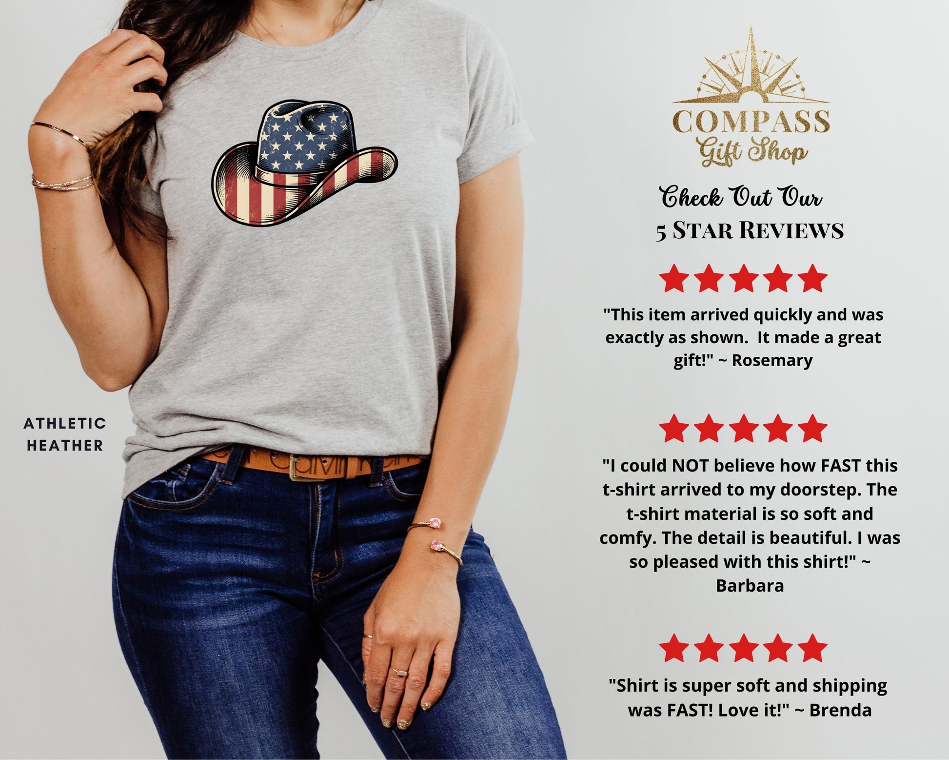 Grey t-shirt with American flag cowboy hat graphic and customer reviews.