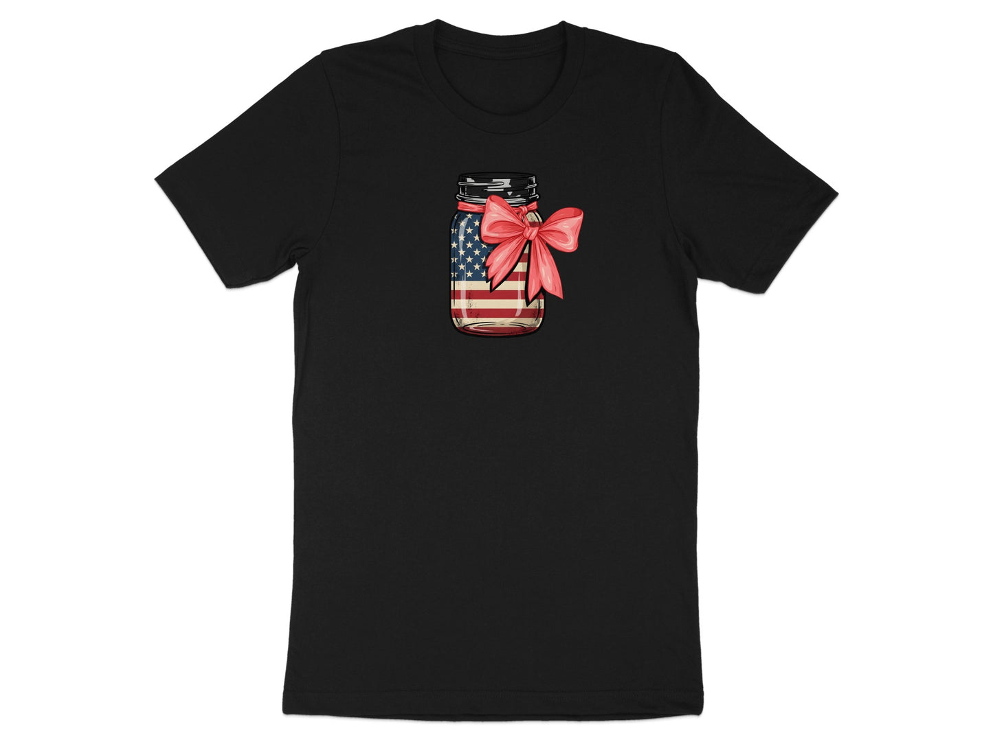 Black t-shirt featuring a mason jar with the American flag and a red bow.