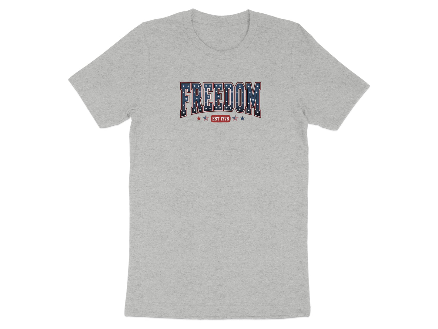 Grey t-shirt with "FREEDOM EST 1776" text in red, white, and blue.