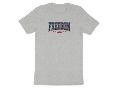 Grey t-shirt with "FREEDOM EST 1776" text in red, white, and blue.