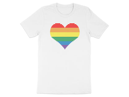 White t-shirt with a rainbow heart made of horizontal lines.