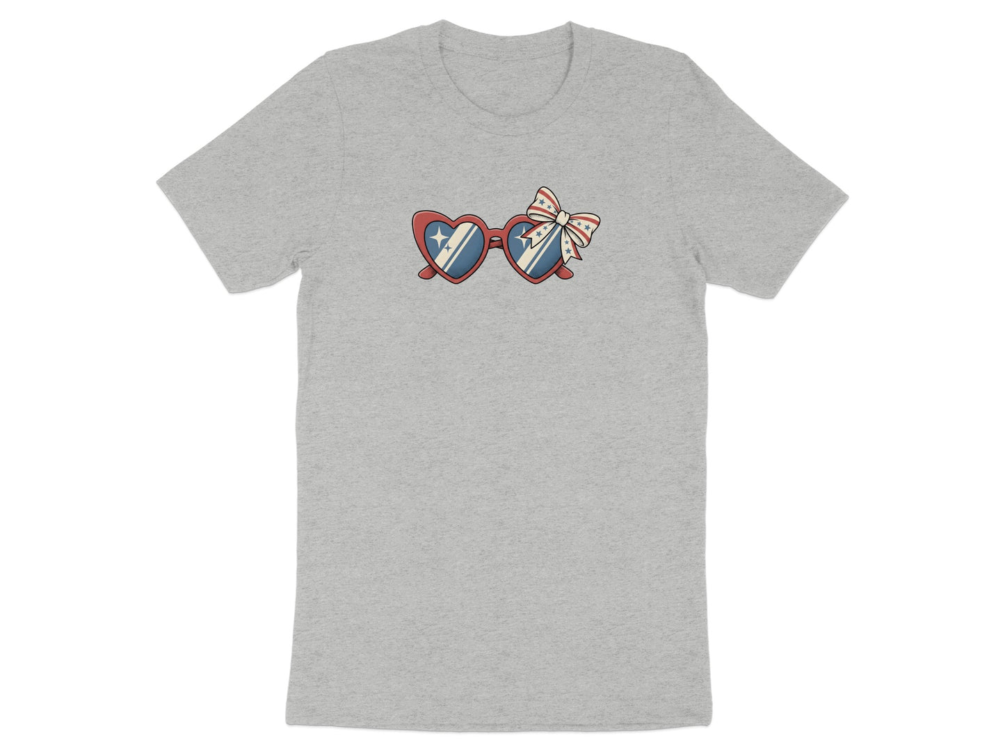 Gray t-shirt with heart-shaped sunglasses featuring American flag pattern and a bow.