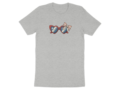 Gray t-shirt with heart-shaped sunglasses featuring American flag pattern and a bow.