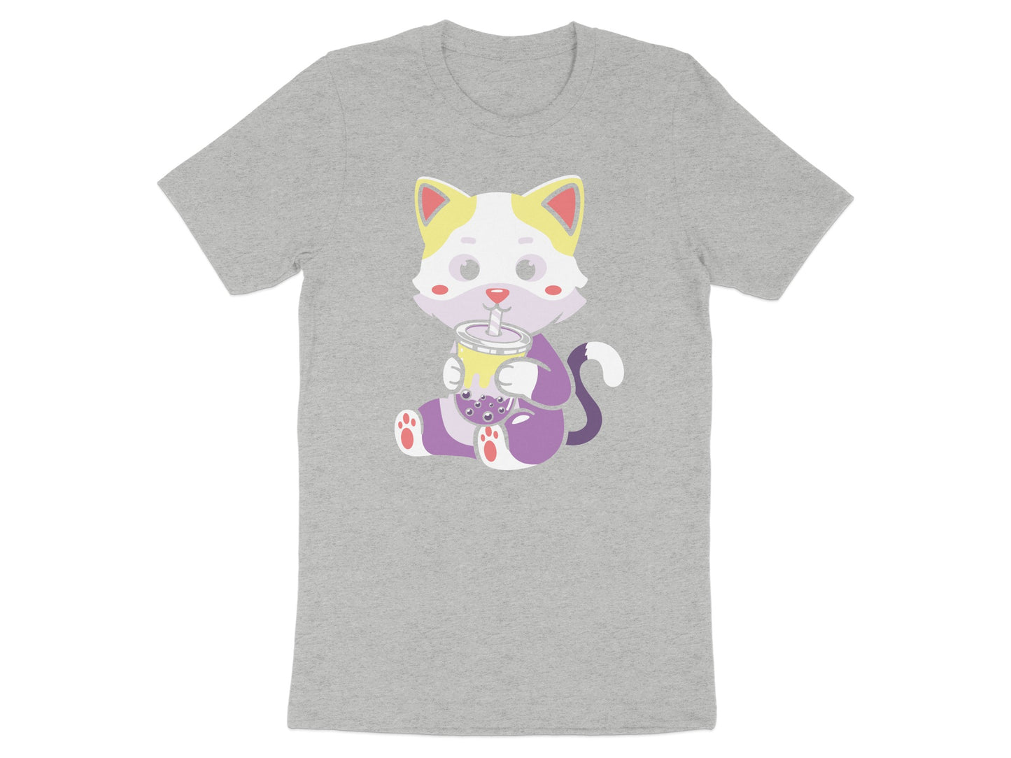 Cat with yellow ears and purple body holding a bubble tea.
