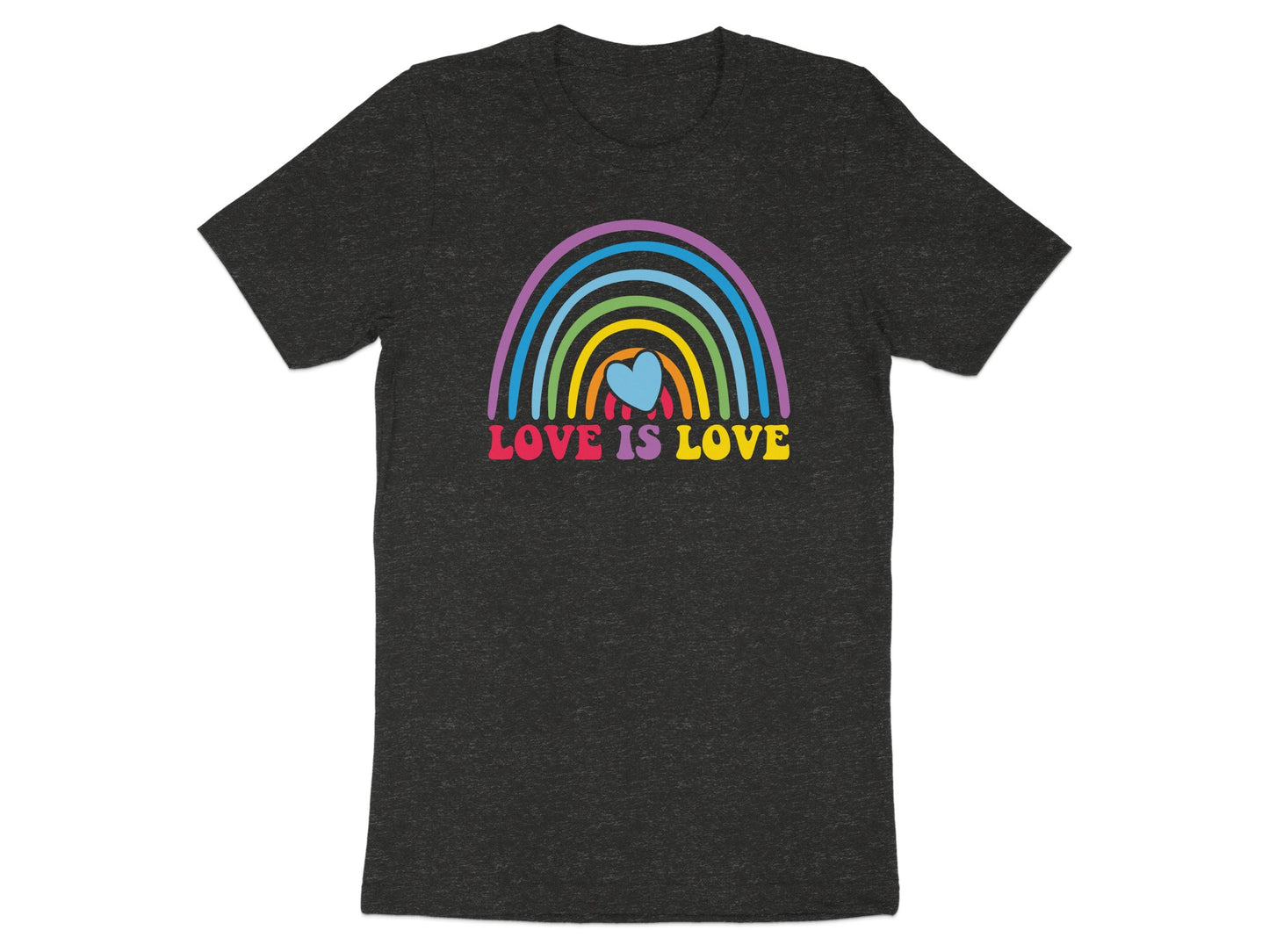 Dark grey t-shirt with a rainbow and heart graphic reading "LOVE IS LOVE."