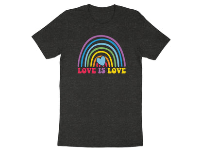 Dark grey t-shirt with a rainbow and heart graphic reading "LOVE IS LOVE."