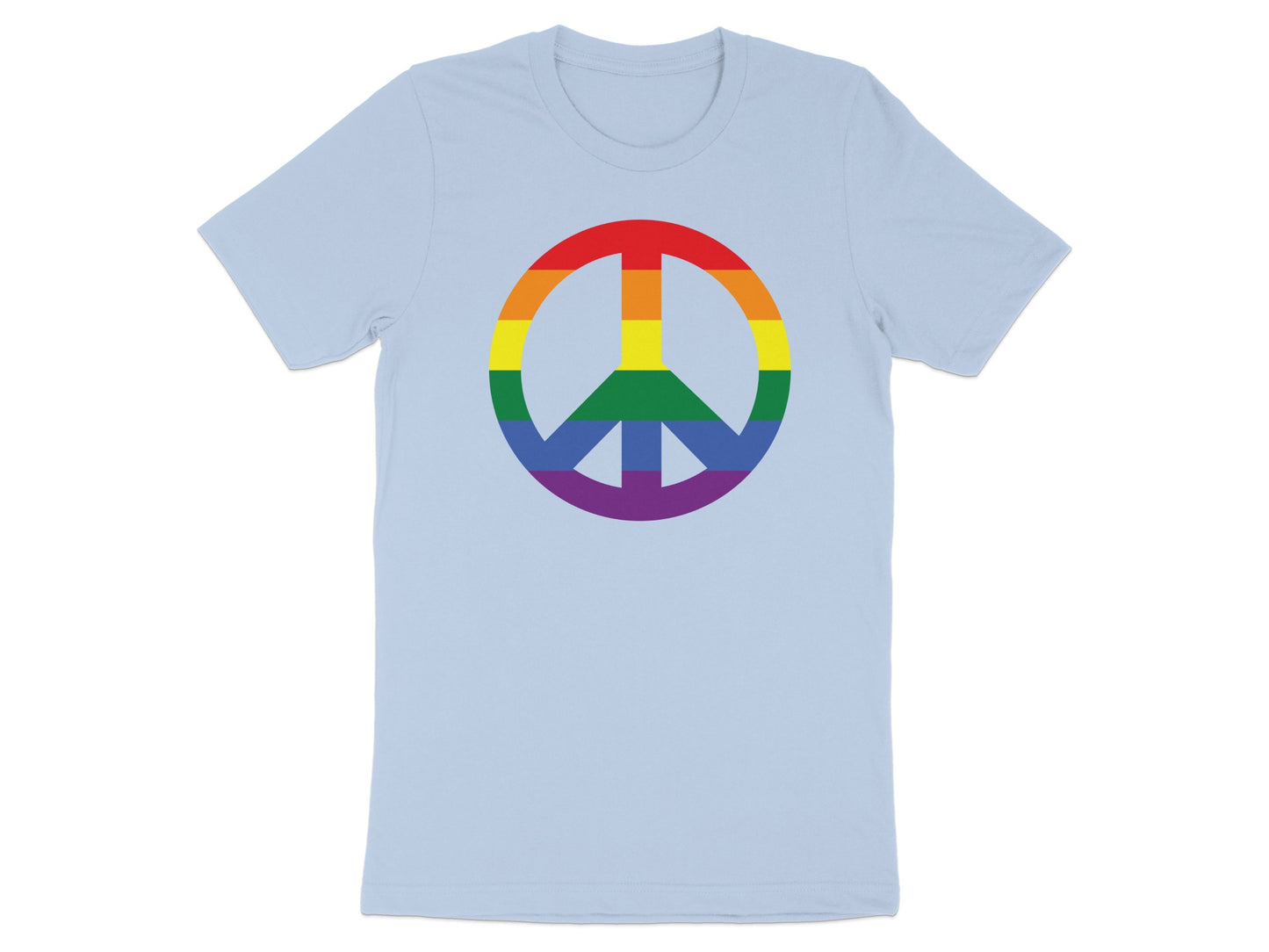 Light blue t-shirt with a rainbow peace sign graphic.