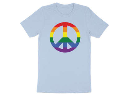 Light blue t-shirt with a rainbow peace sign graphic.